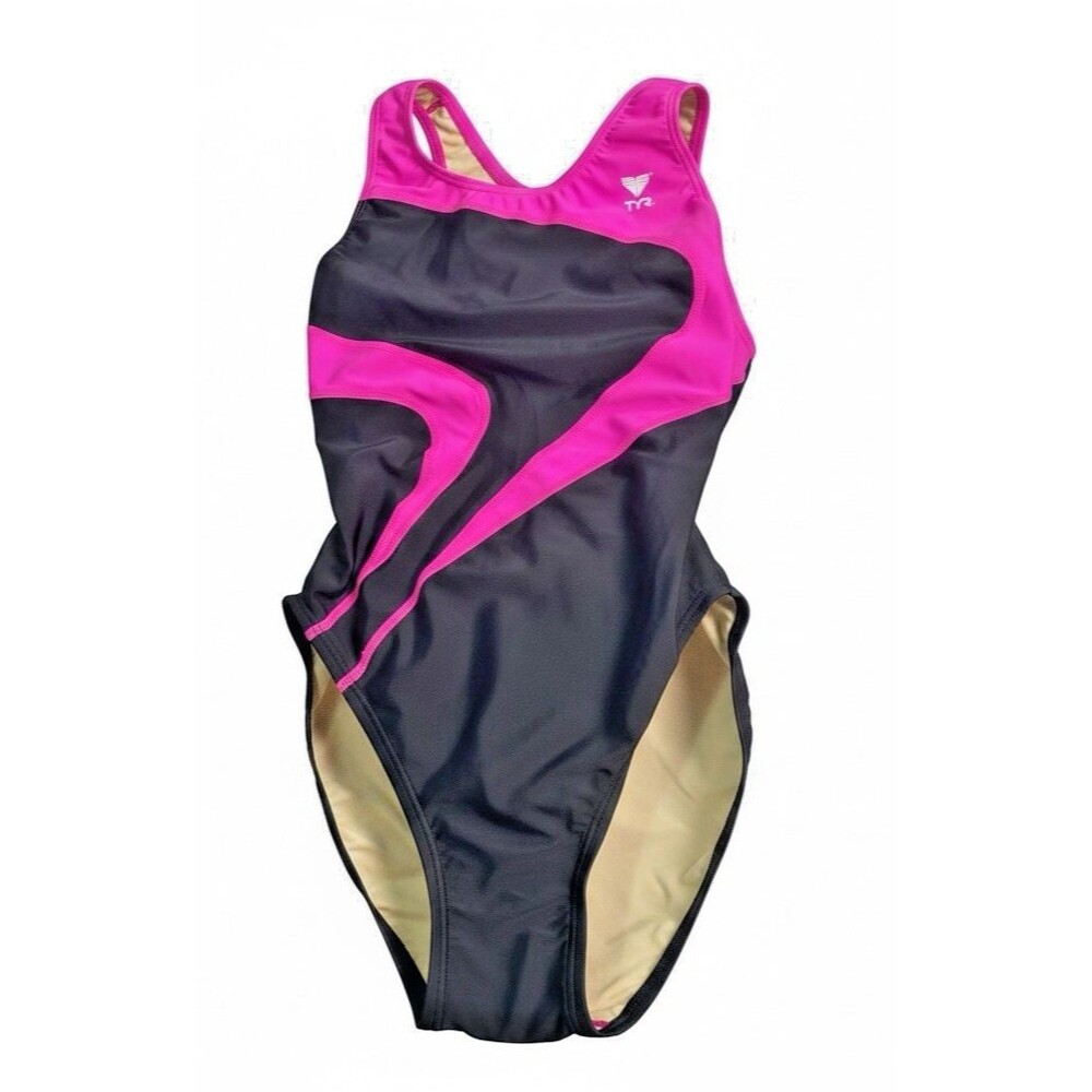 TYR girls NEW one piece swimsuit NEW sz 14 black pink summer vacation athleisure